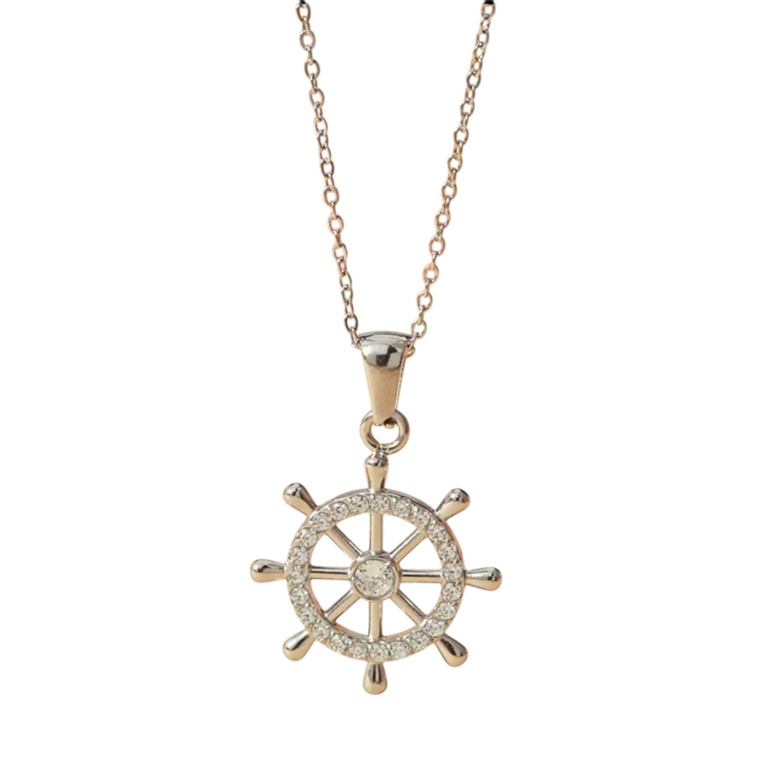 Stainless Steel Rudder Captains Wheel CZ Necklace