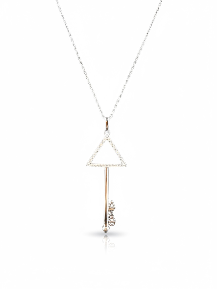 Delta Sigma Theta pyramid key necklace in sterling silver with CZ stones and DST Greek letters by Trendzio Jewelry