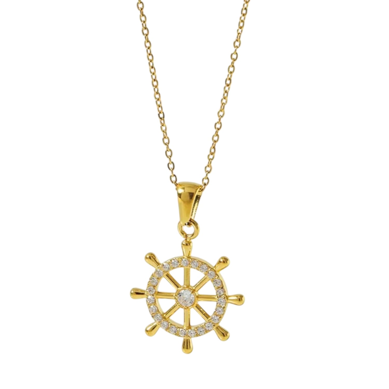 Stainless Steel Rudder Captains Wheel CZ Necklace