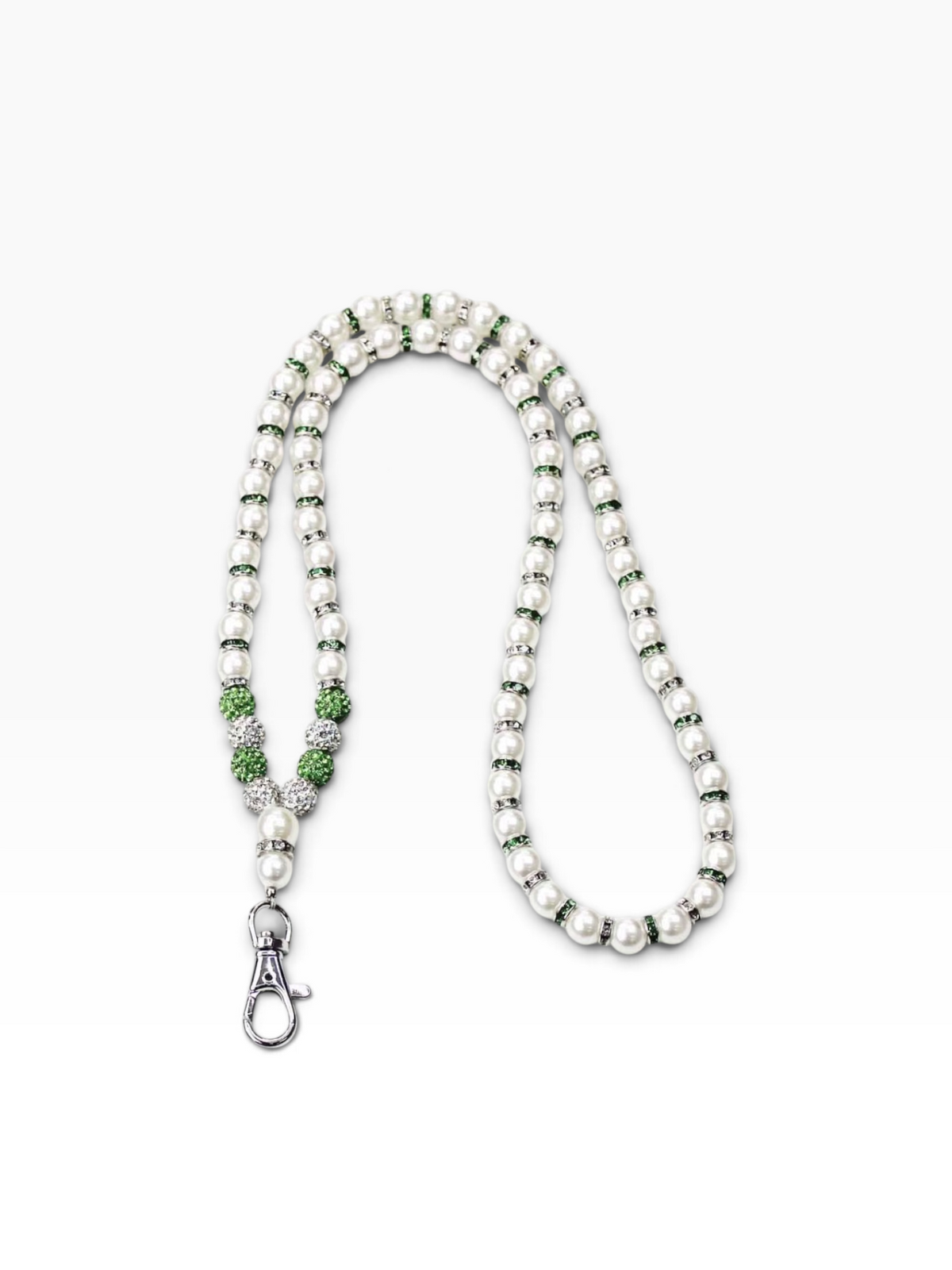 Green and white glass pearl badge lanyard with swivel hook
