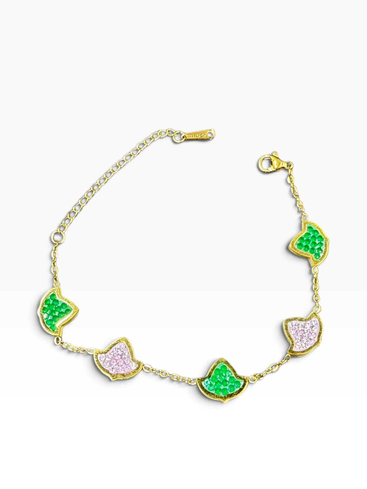 Alpha Kappa Alpha gold ivy leaf bracelet with pink and green cubic zirconia stones