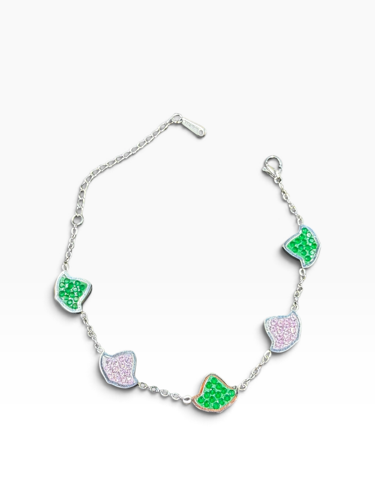 Alpha Kappa Alpha silver ivy leaf bracelet with pink and green cubic zirconia stones