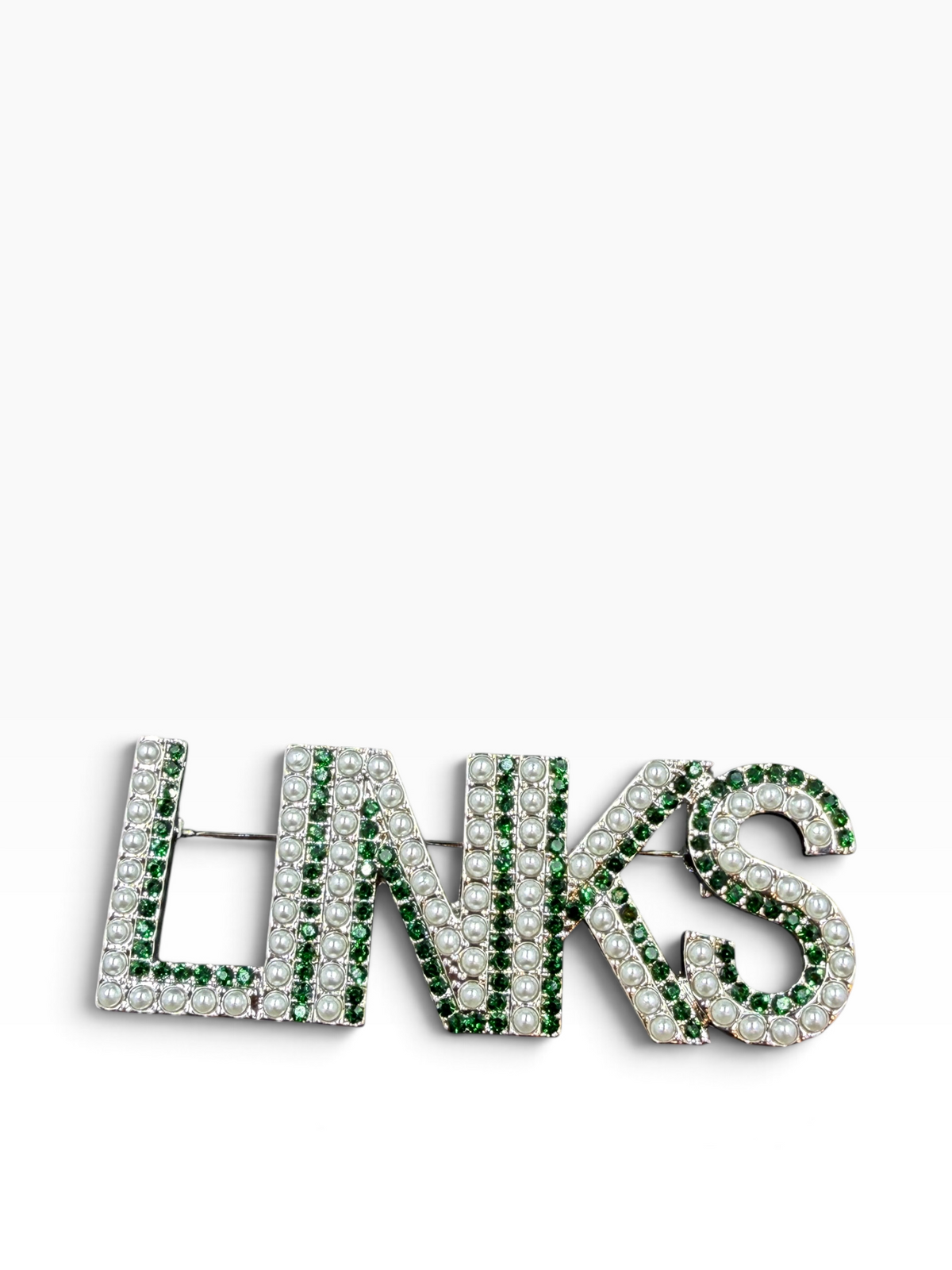 The Links silver-tone lapel pin with pearls and green cubic zirconia stones