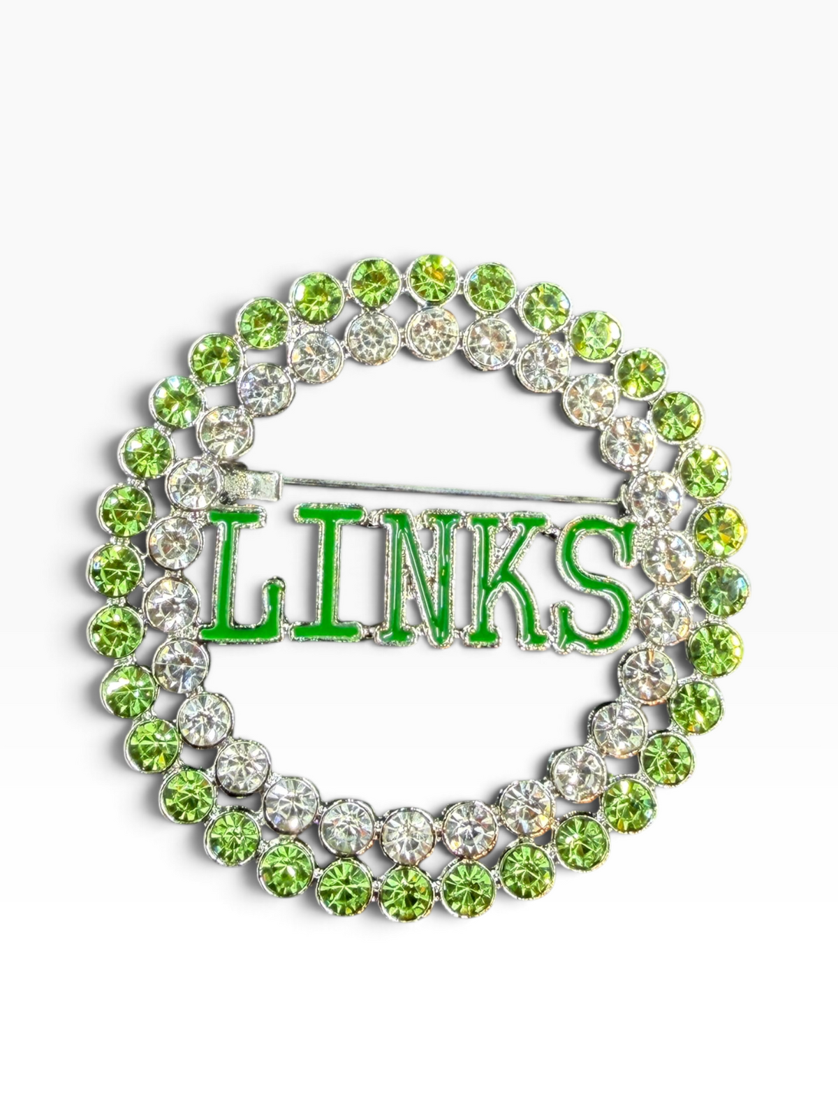 The Links silver-tone circle lapel pin with green and clear cubic zirconia stones