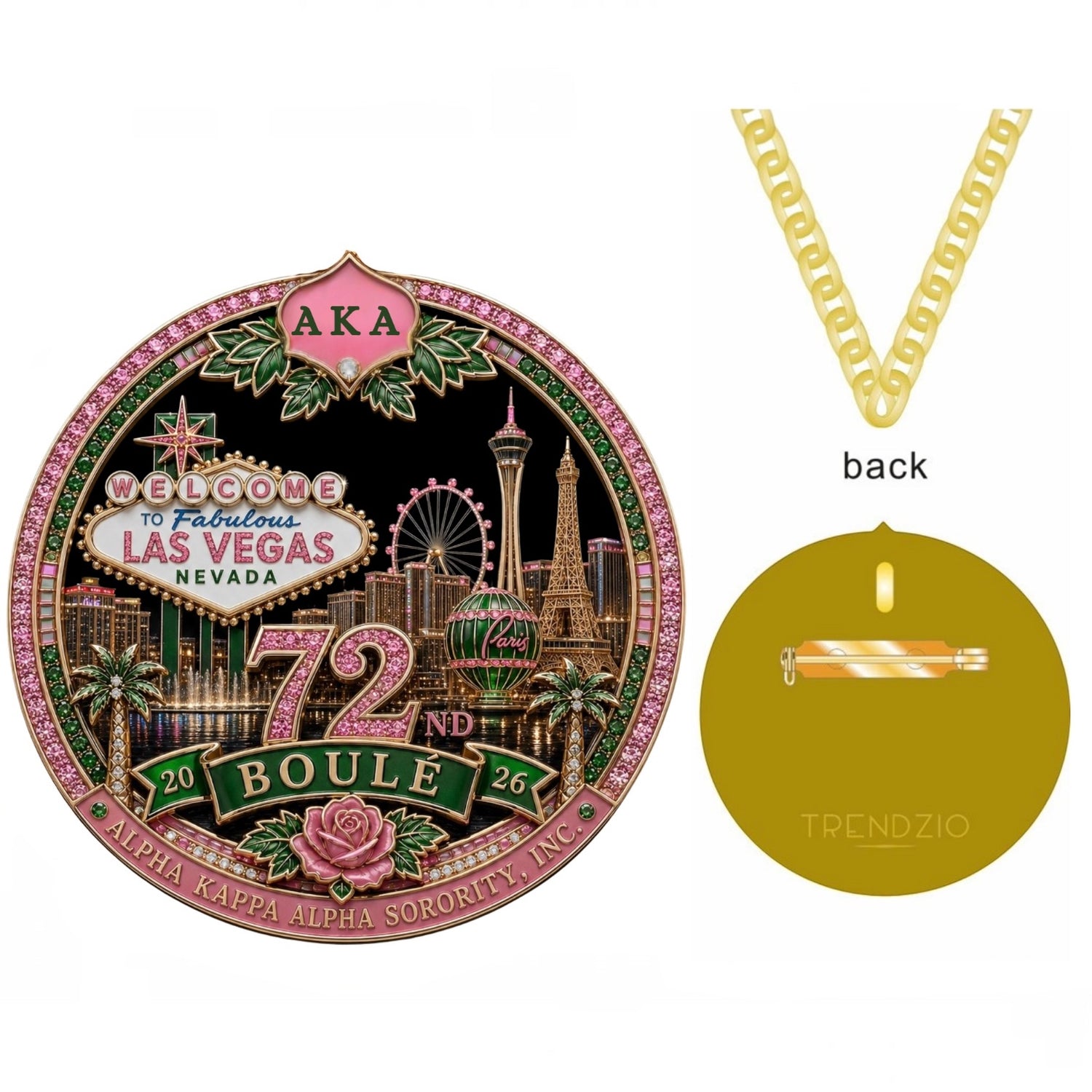 AKA 72nd Boule necklace pin, close-up by Trendzio Jewelry
