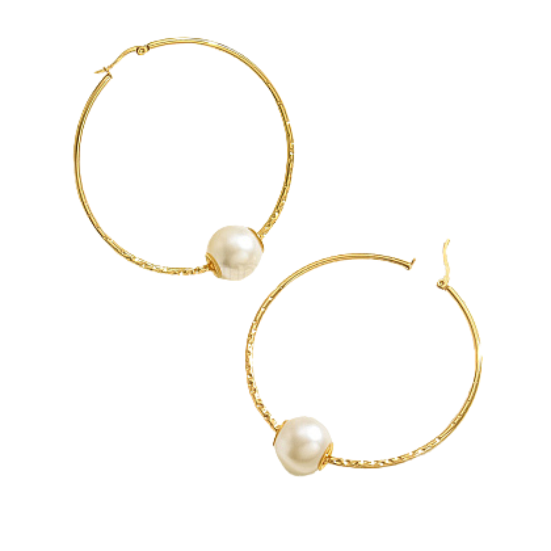 Stainless Steel Gold Hoop Pearl Earrings