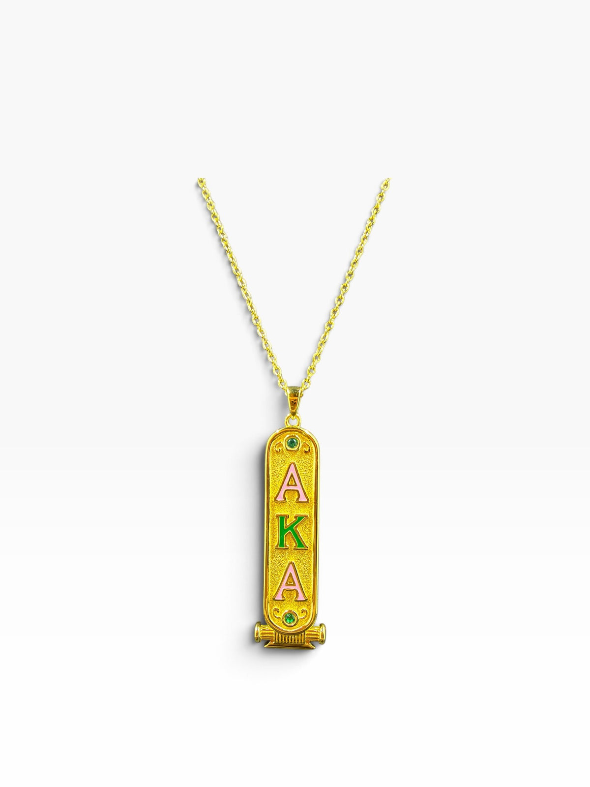 AKA sterling silver cartouche necklace, 18k gold plated, with pink and green enamel Greek letters and green CZ stones