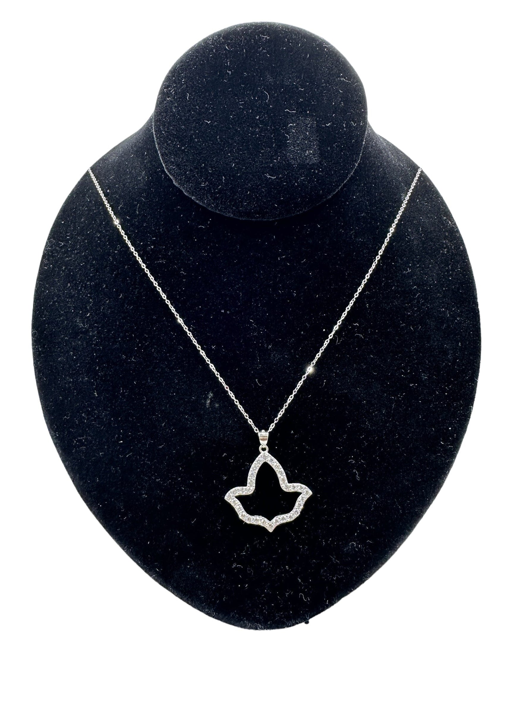AKA Open Ivy Leaf Necklace made from .925 sterling silver with rhodium plating, featuring pink and green cubic zirconia diamonds, hanging on an adjustable 18-inch chain.