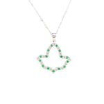 AKA Open Ivy Leaf Necklace in .925 sterling silver with rhodium plating, featuring pink and green cubic zirconia on the edge, hanging from an 18-inch chain with a 2-inch extension.