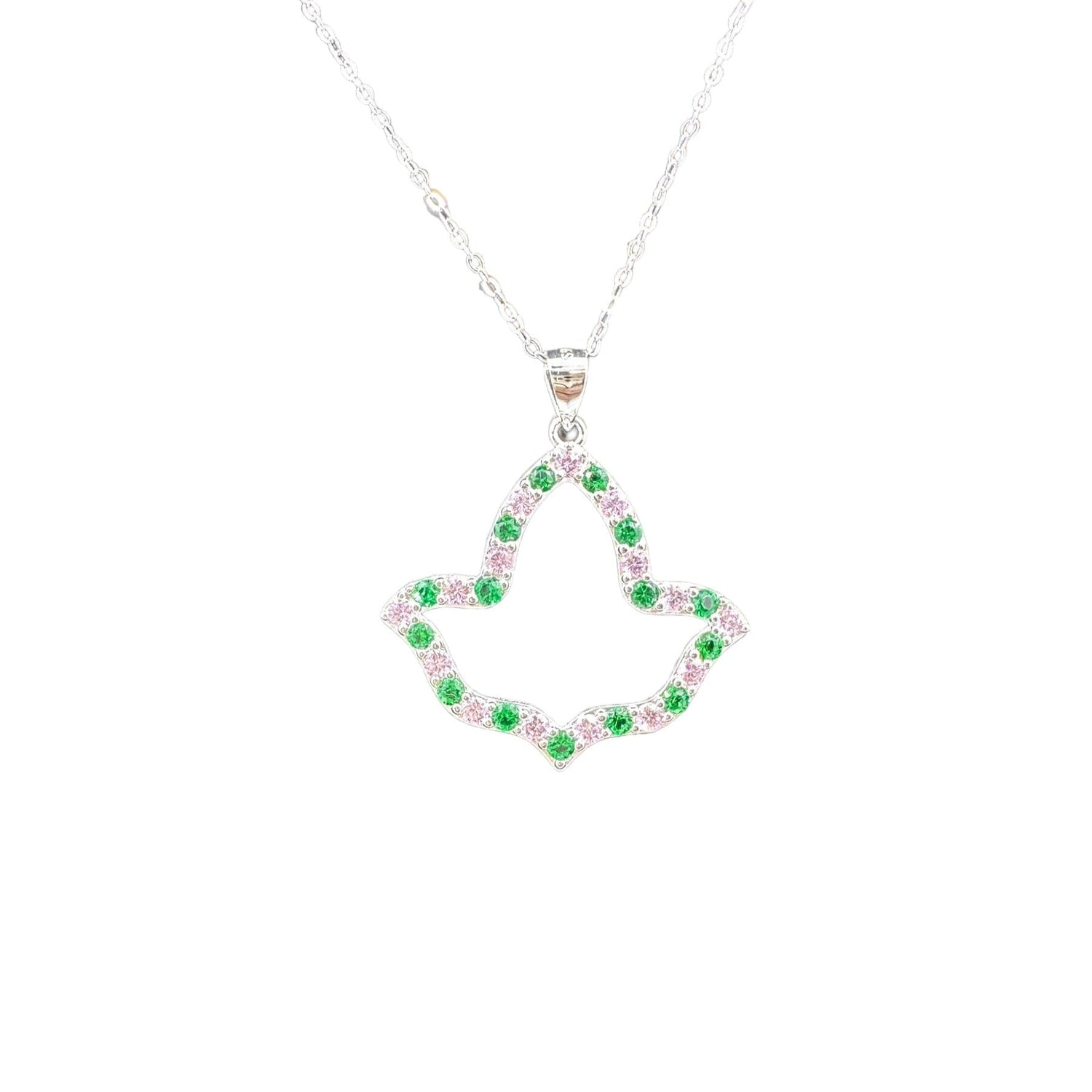 AKA Open Ivy Leaf Necklace in .925 sterling silver with rhodium plating, featuring pink and green cubic zirconia on the edge, hanging from an 18-inch chain with a 2-inch extension.