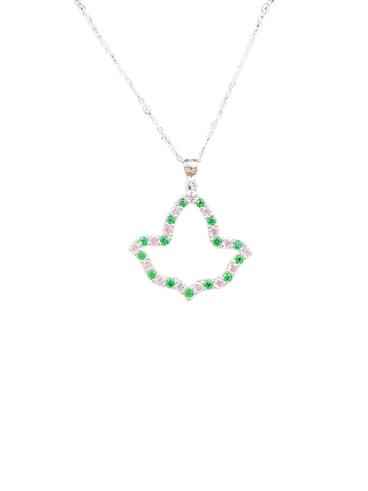 AKA Open Ivy Leaf Necklace in .925 sterling silver with rhodium plating, featuring pink and green cubic zirconia on the edge, hanging from an 18-inch chain with a 2-inch extension.