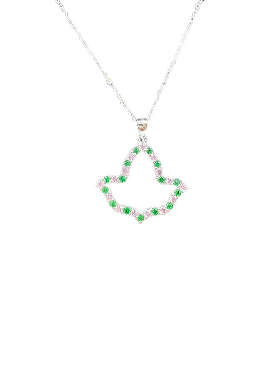 AKA Open Ivy Leaf Necklace in .925 sterling silver with rhodium plating, featuring pink and green cubic zirconia on the edge, hanging from an 18-inch chain with a 2-inch extension.