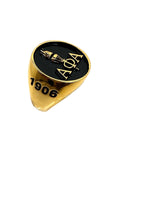 Alpha Phi Alpha Light of the World Gold Ring with 1906 engraving, featuring A Phi A Greek letters and torch design on a black background.