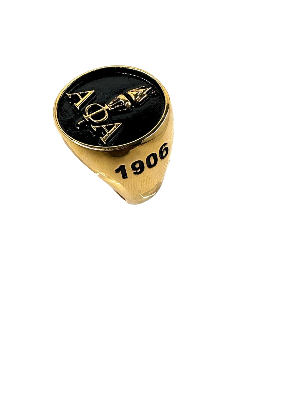 Alpha Phi Alpha Light of the World gold ring with Greek letters, torch design, and "1906" inscribed on the side.