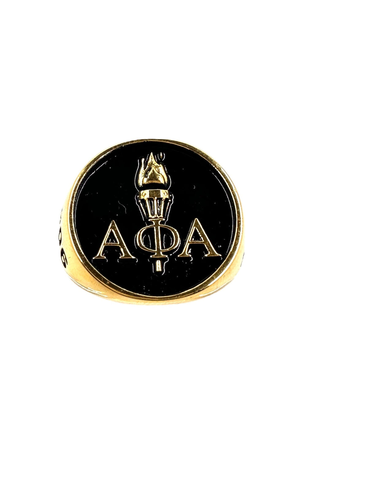 Alpha Phi Alpha Light of the World gold ring with iconic A Phi A Greek letters and torch design on a black background, crafted in brass and PVD plated in 18k gold.