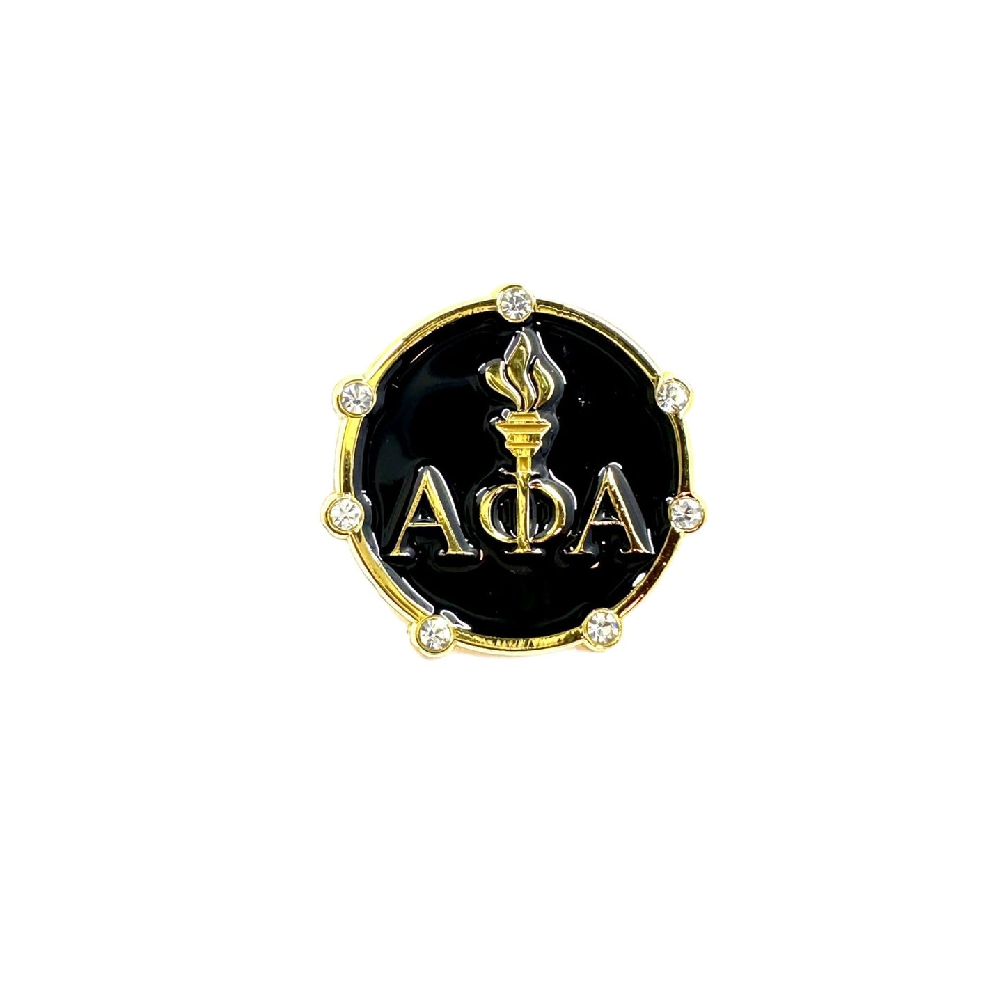 Alpha Phi Alpha Light Of The World custom lapel pin with gold-plated zinc alloy, black enamel coating, and seven diamonds representing the seven jewels of the fraternity, featuring a butterfly clutch for secure attachment.
