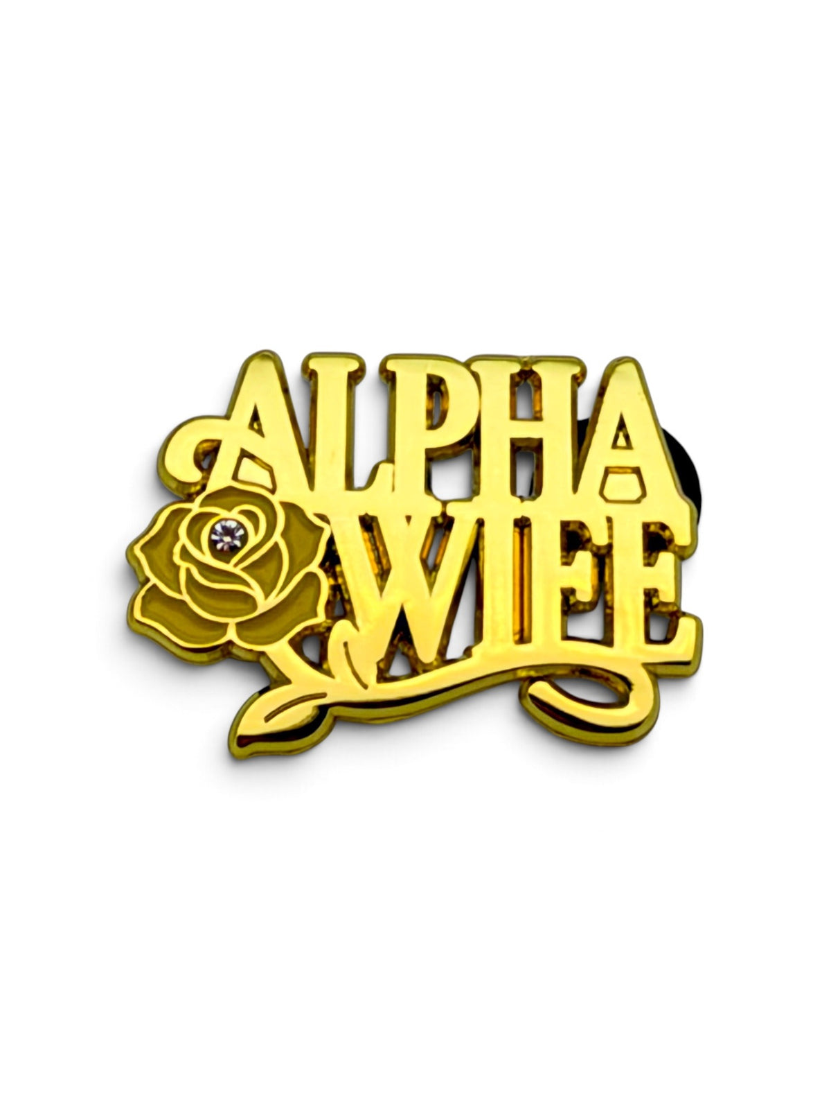 Alpha Wife lapel pin, Gold Rose Cutout style, all-gold ALPHA WIFE lettering with yellow enamel rose and clear stone