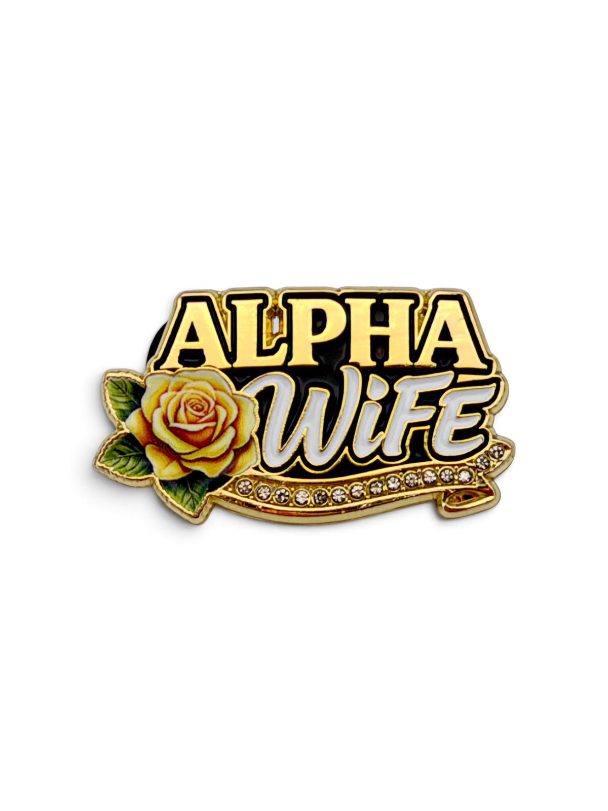 Alpha Wife lapel pin, Yellow Rose Script style, with gold ALPHA lettering, white WiFE script, yellow rose and clear stones