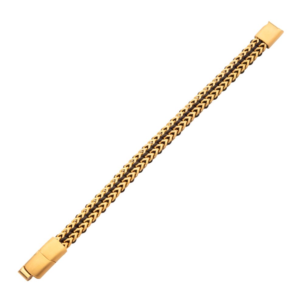 Gold IP Stainless Steel Foxtail Chain Black Cord Bracelet