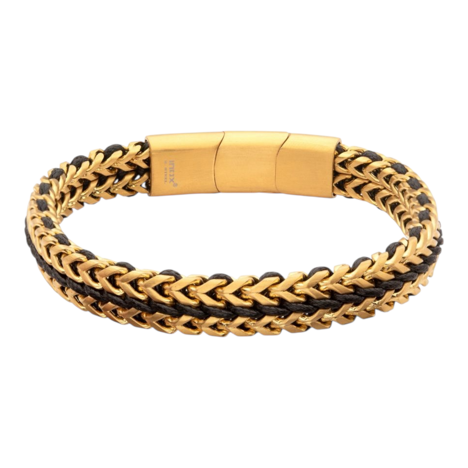 Gold IP Stainless Steel Foxtail Chain Black Cord Bracelet
