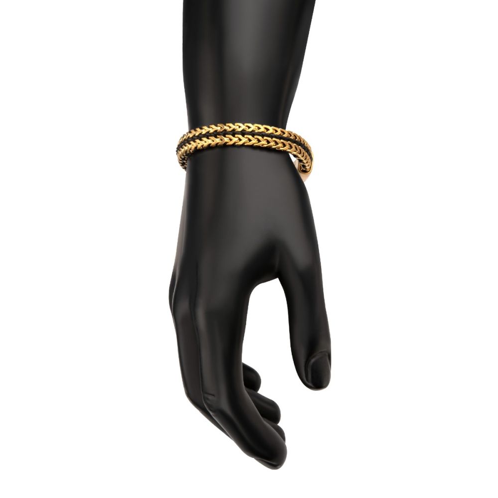 Gold IP Stainless Steel Foxtail Chain Black Cord Bracelet