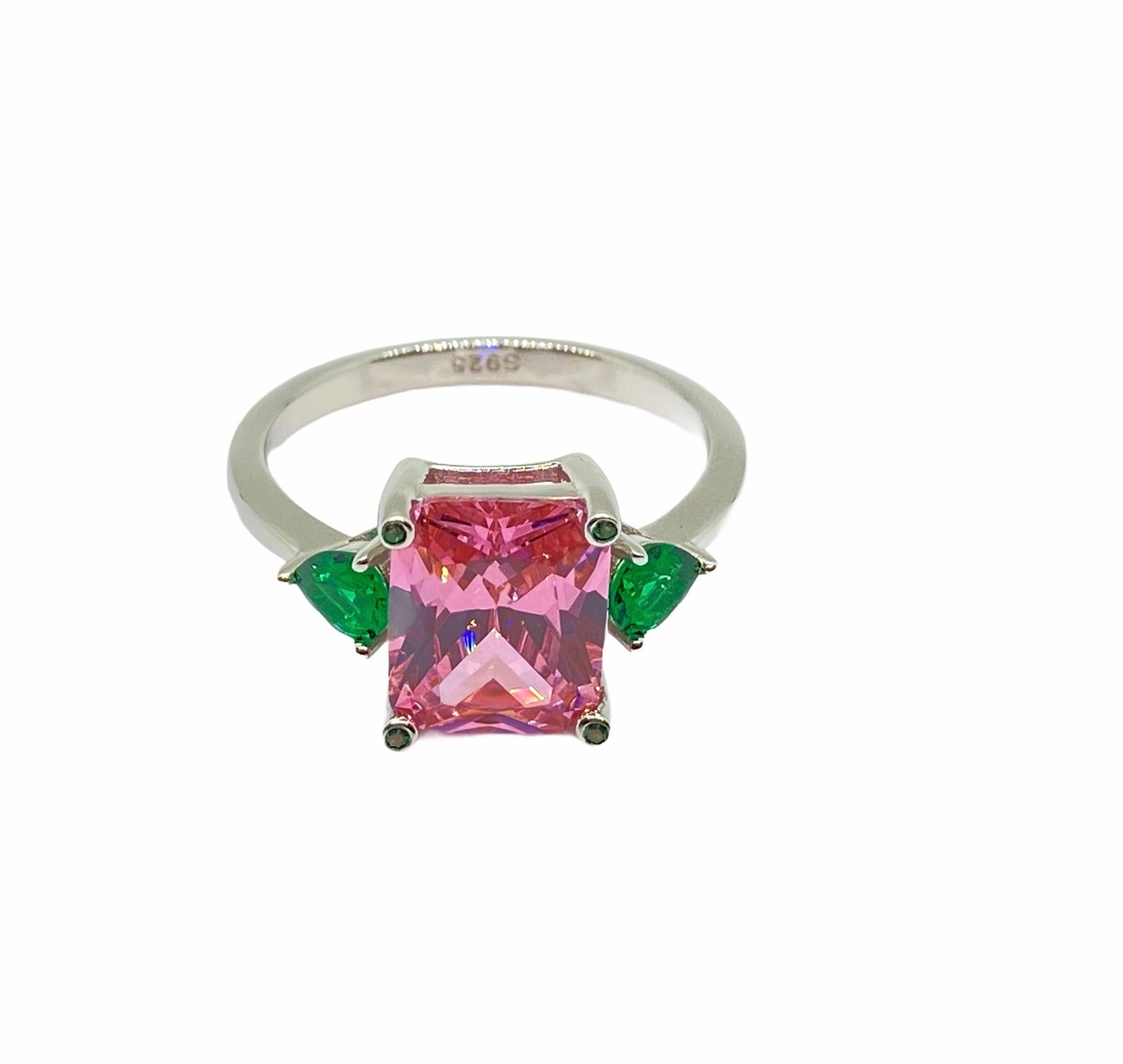 Classic Pink Sapphire Ring Emerald Green Side Stones 9 Classic Pink Sapphire Ring Emerald Green Side Stones 9