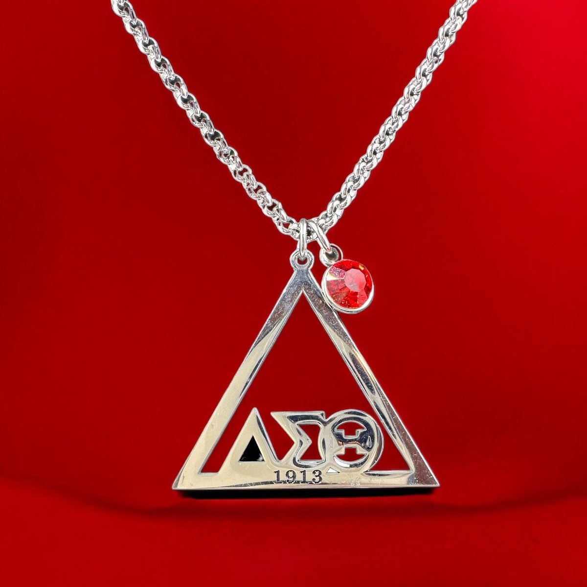 Delta Sigma Theta Stainless Steel Triangle Red CZ Pendant Necklaces Trendzio Jewelry 