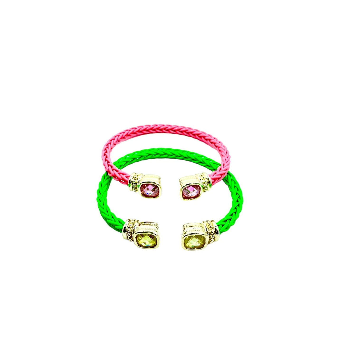 Pink and green braided brass bangles with large CZ stones, Harriet Braided Cable Large CZ Bracelet.