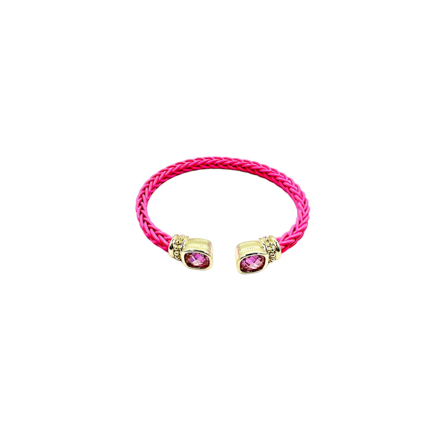 Pink braided brass bangle with pink CZ stone, 6.5 inches in size, 5mm width.
