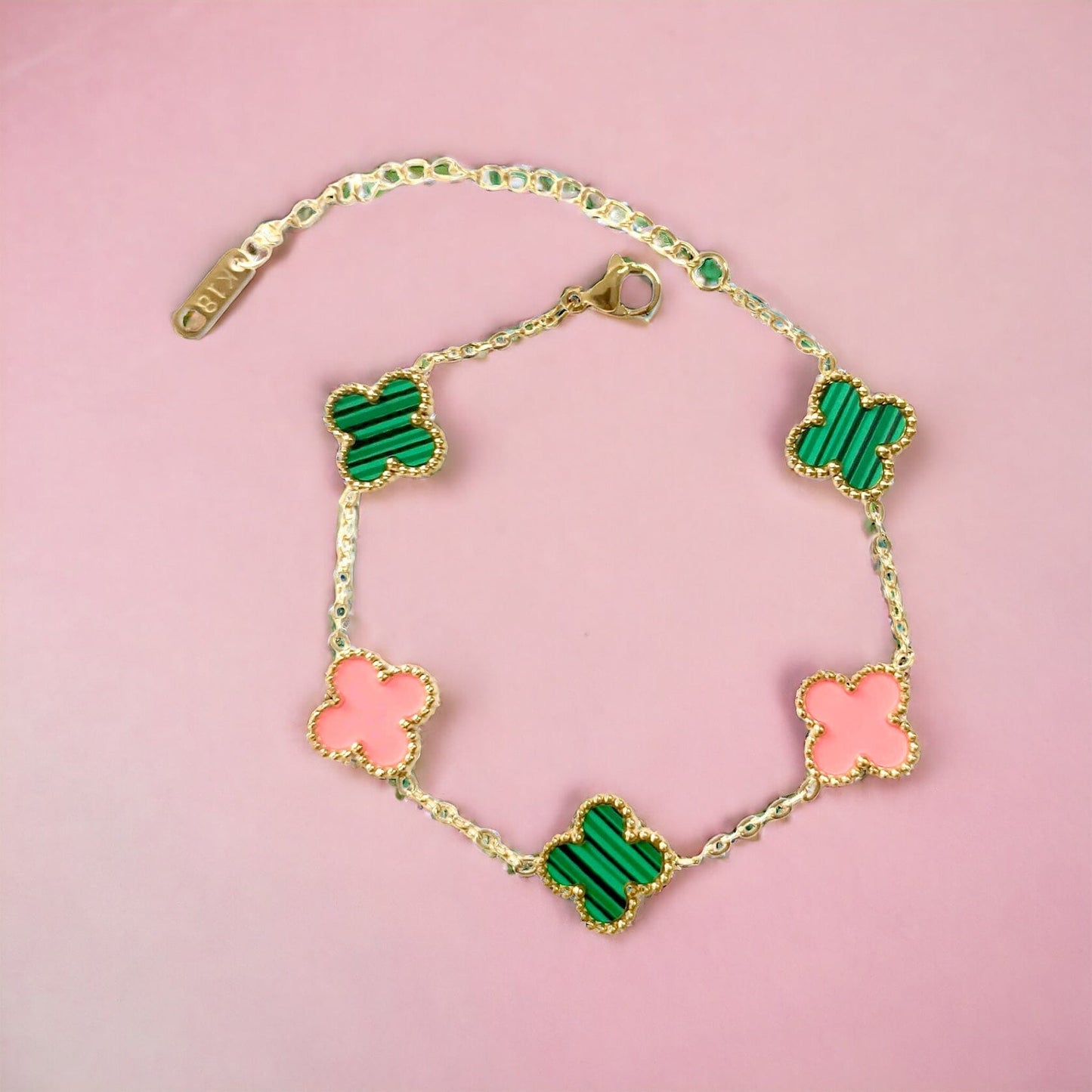 Kaitlin Flower Clover Pink and Green Gold Bracelet Bracelets Trendzio Jewelry 