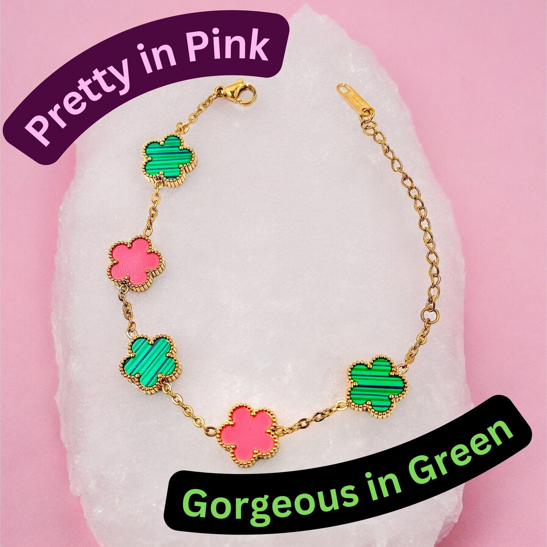 Kaitlin Flower Clover Pink and Green Gold Bracelet with 18k gold-plated stainless steel, showcasing beautiful pink and green clover charms, waterproof and tarnish-free on a pink and white background.