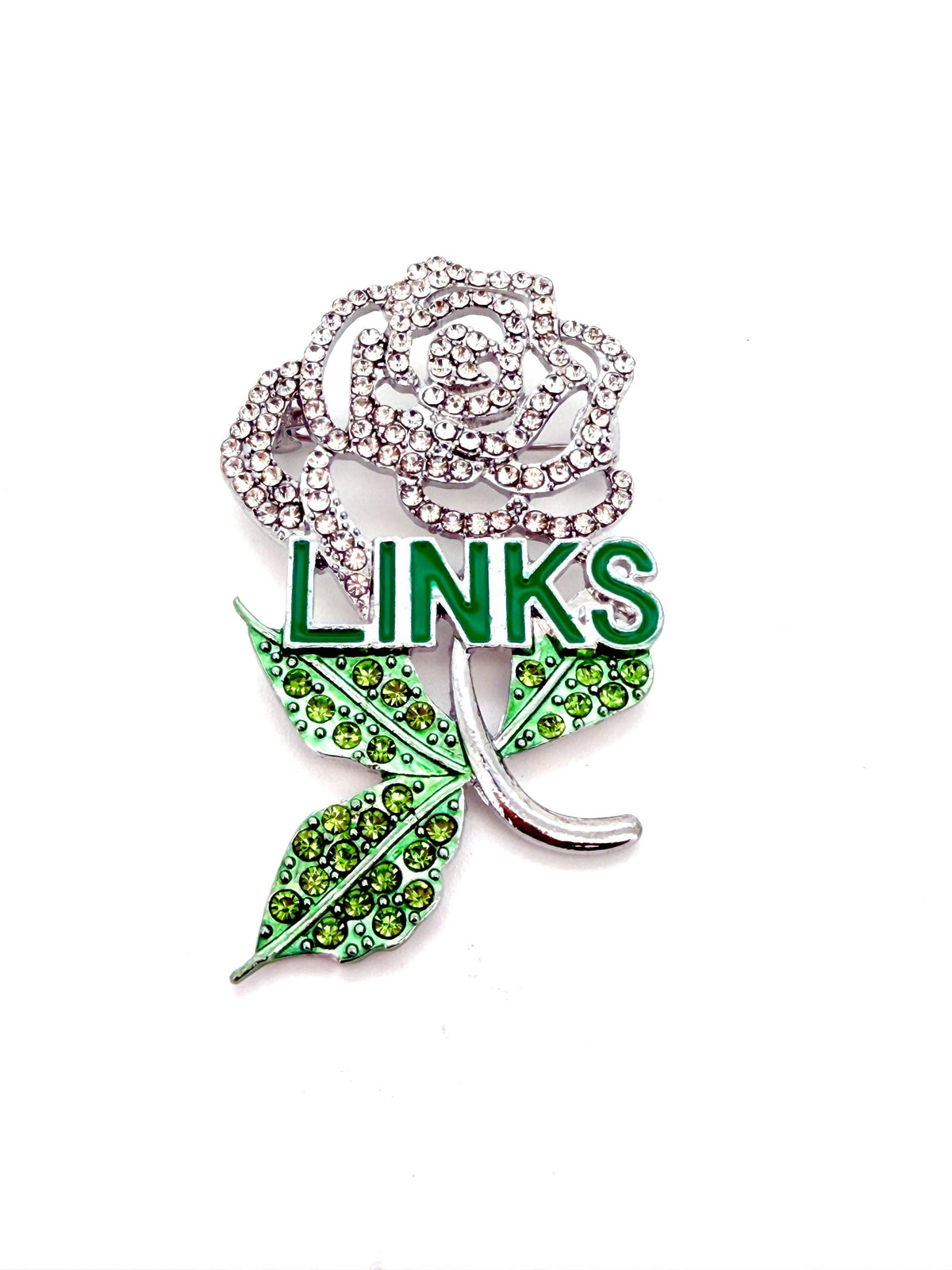 The Links, Incorporated rose brooch lapel pin with clear CZ rose, green CZ leaves and LINKS in green