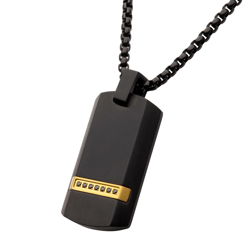 Genuine black 7-sapphire gem dog tag necklace, close-up, by Trendzio Jewelry