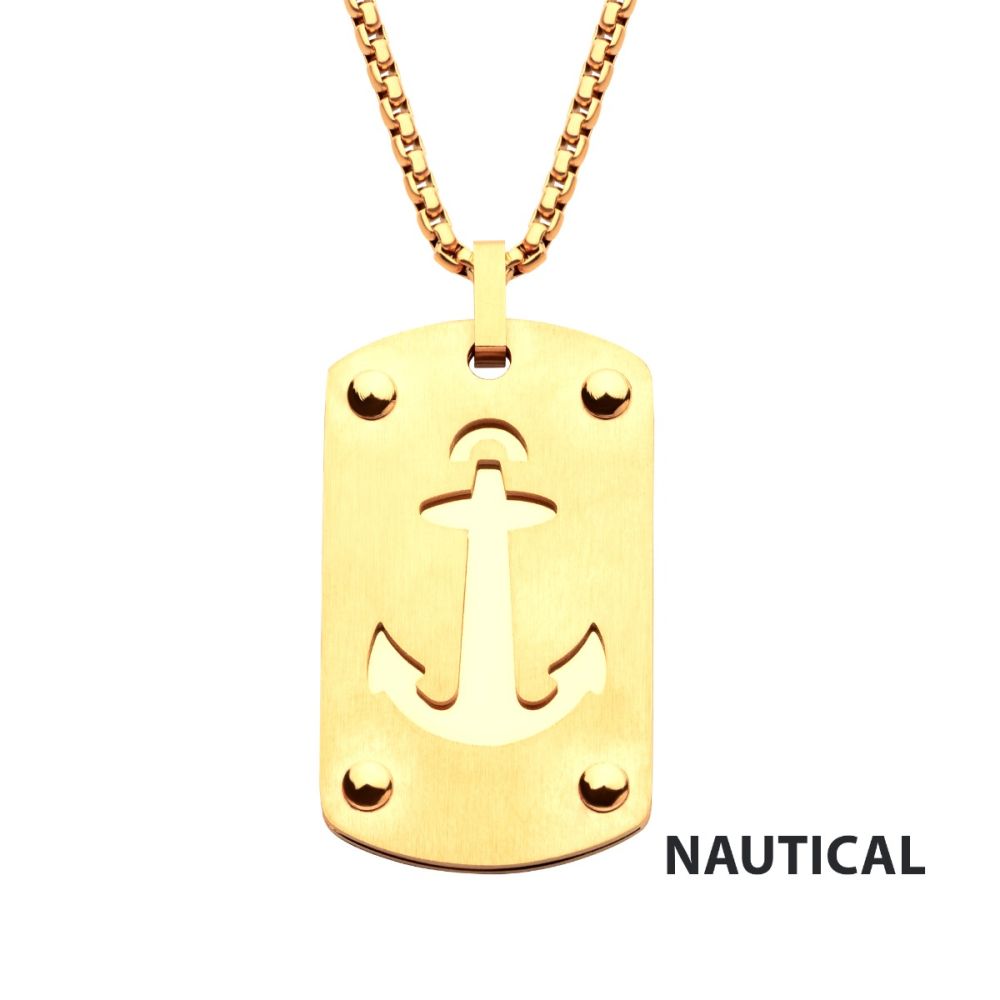 18Kt Gold IP Etched Anchor Dog Tag Pendant