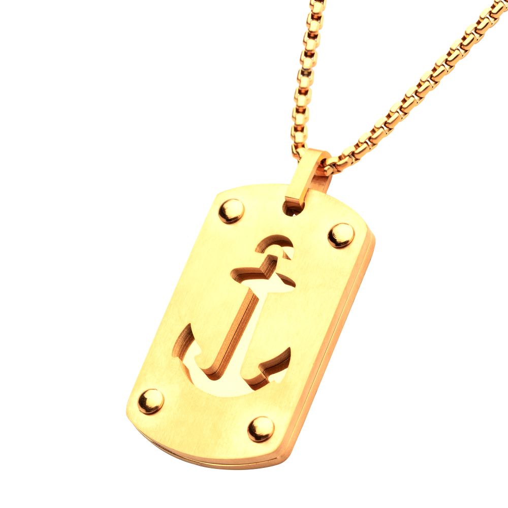 18Kt Gold IP Etched Anchor Dog Tag Pendant