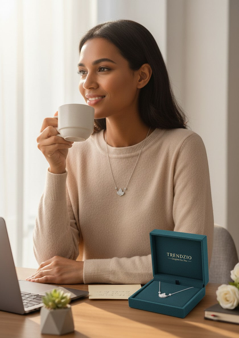 Woman wearing a Trendzio Jewelry sterling silver AKA ivy leaf necklace with CZ stones while drinking coffee.