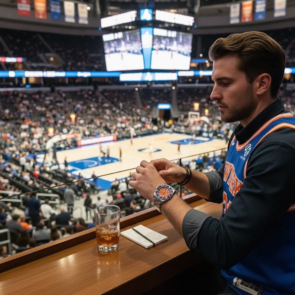 Trendzio Jewelry Blue Amber Mariner watch with orange dial, blue bezel, and stainless steel band on man's wrist at basketball game.