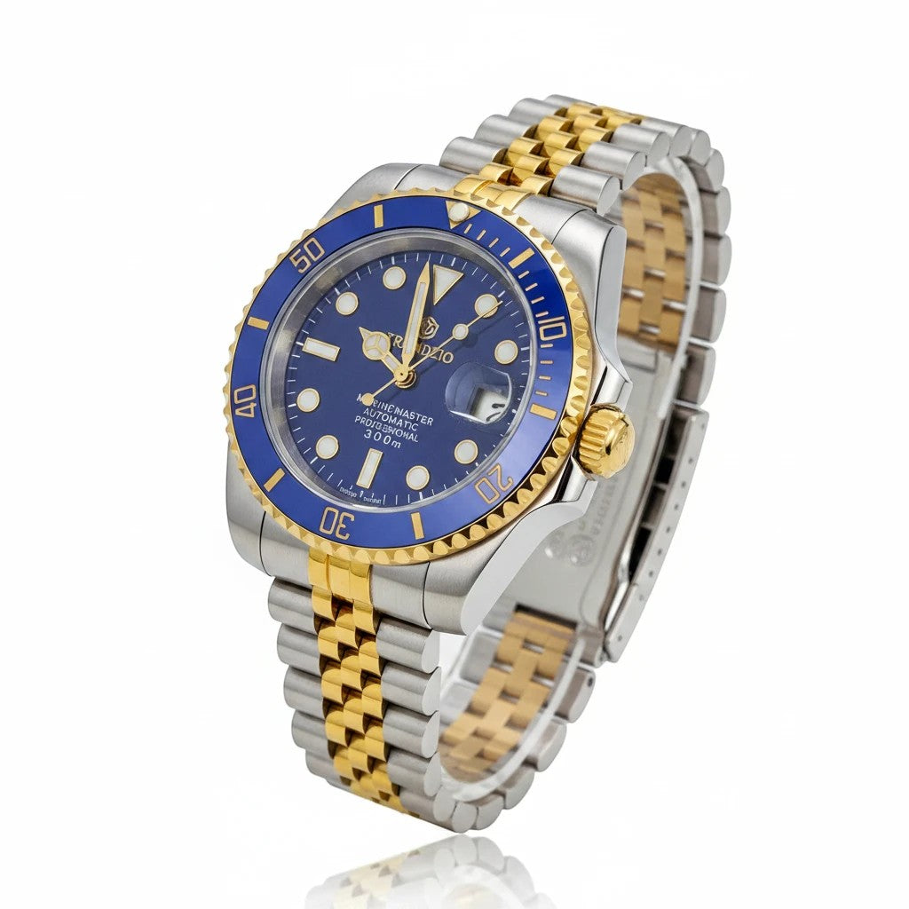 Trendzio Jewelry Blue Oro Mariner automatic watch with sunburst blue dial, gold hands, and two-tone stainless steel bracelet.