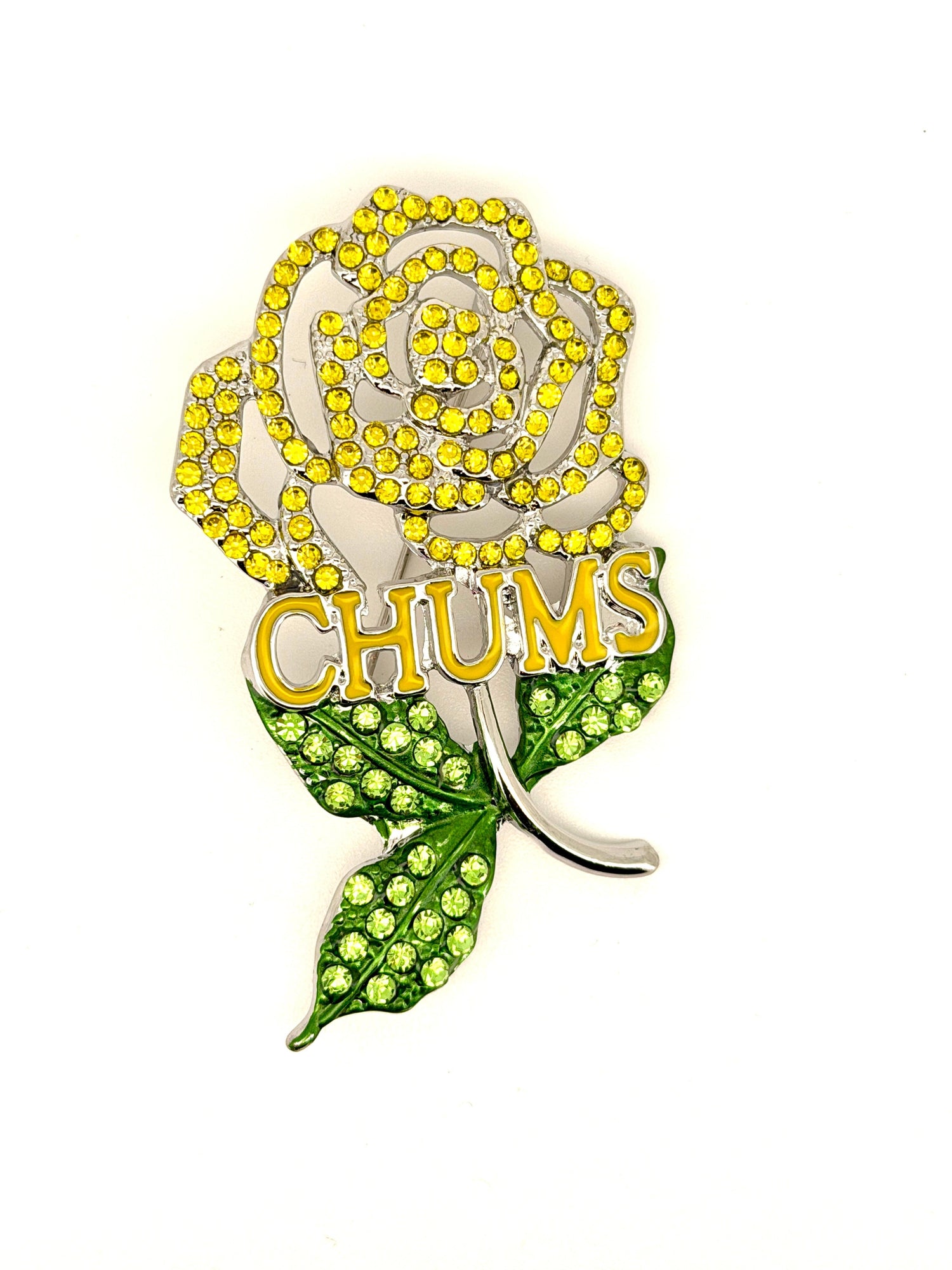 Trendzio Jewelry rose lapel pin with yellow and green CZ crystals and CHUMS lettering on a silver-tone stem