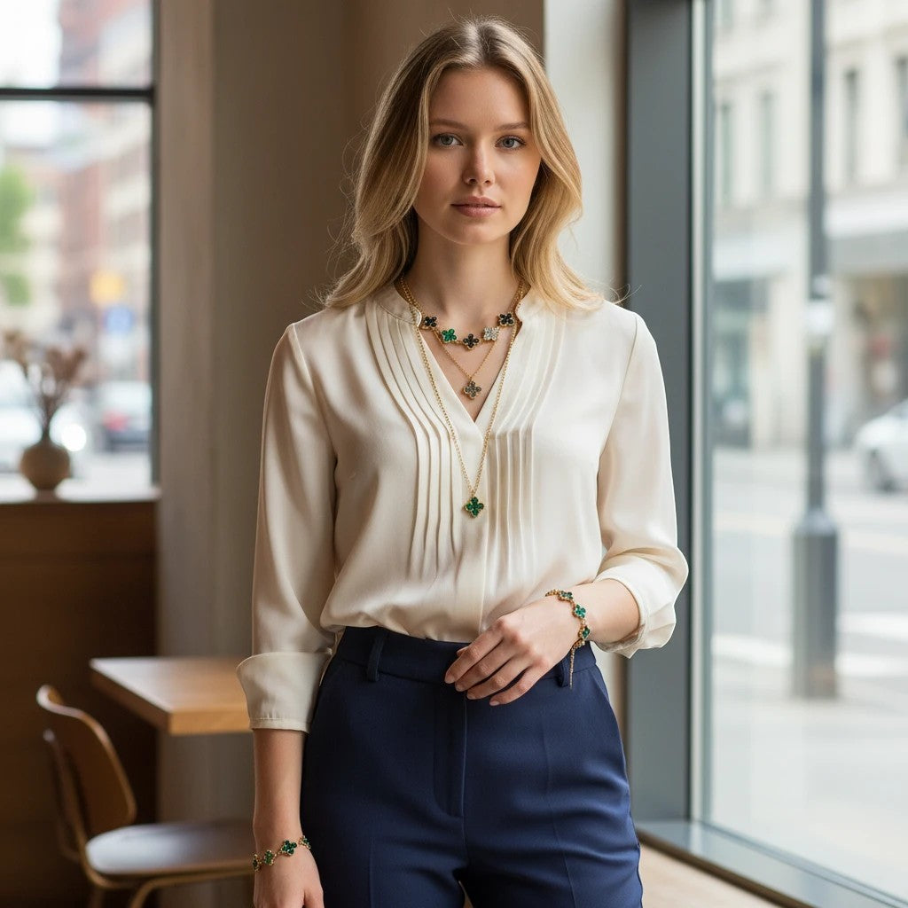 Model wearing Trendzio Jewelry gold-plated stainless steel clover bracelet with green CZ stones in a bright cafe.