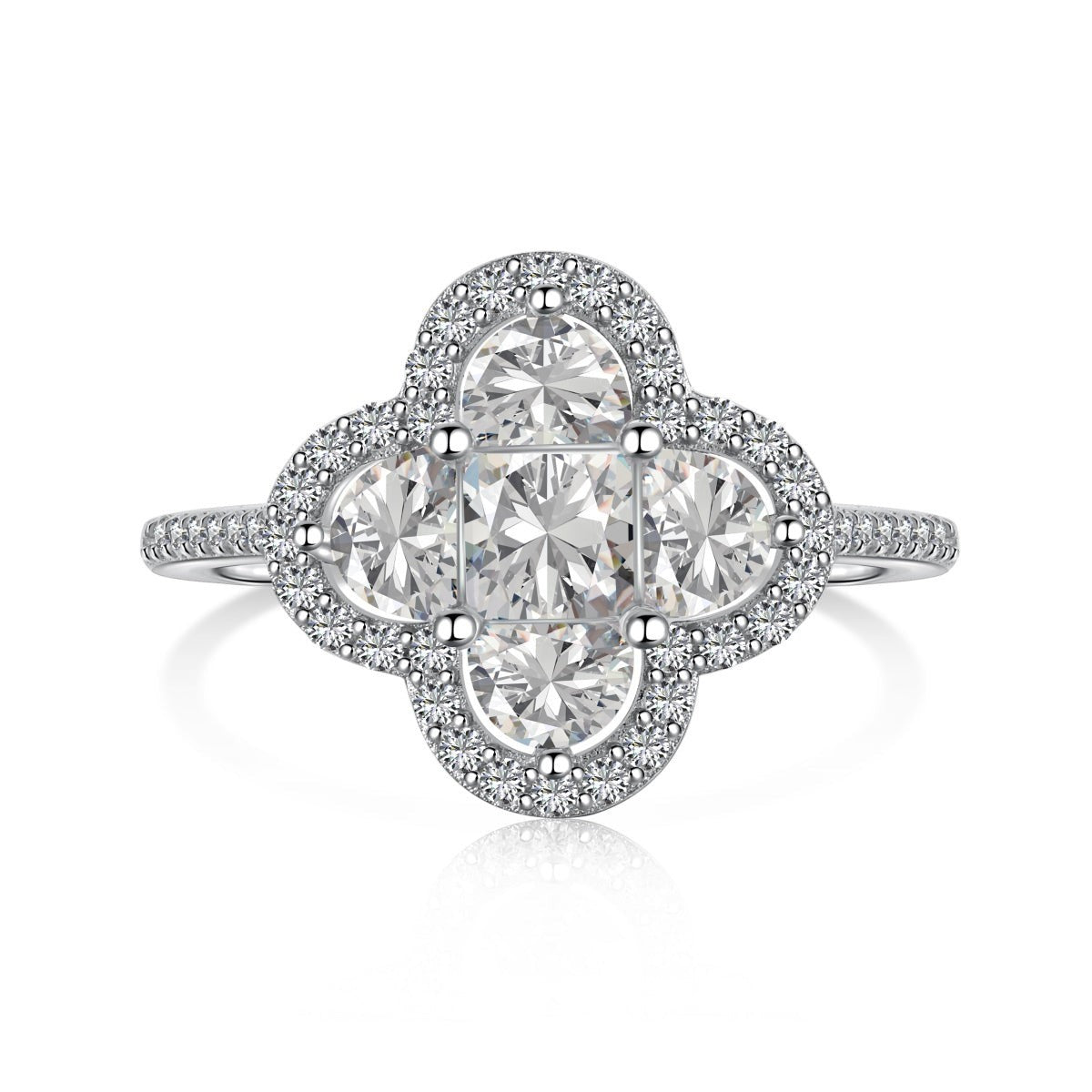 Trendzio Jewelry sterling silver clover ring featuring sparkling CZ diamonds in a halo setting.