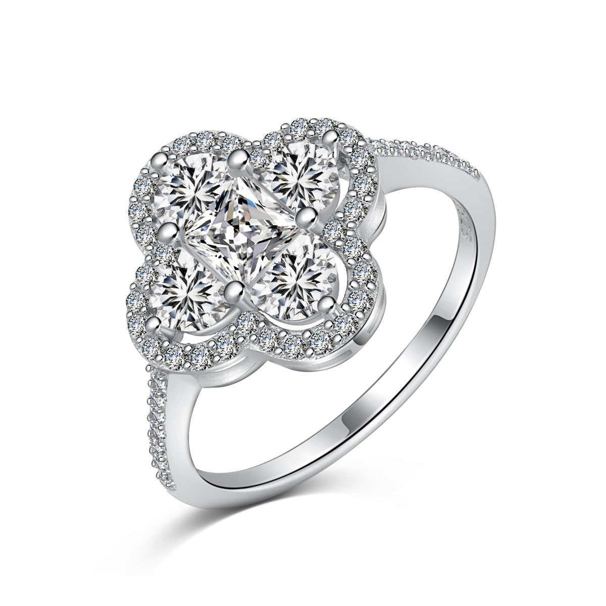 Trendzio Jewelry sterling silver clover ring featuring a princess-cut CZ diamond center and pavé stone halo.