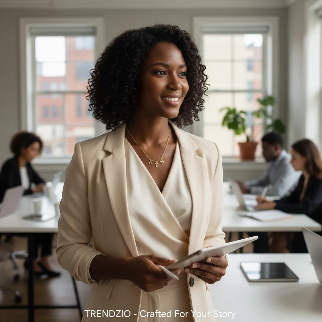 Woman wearing a gold Trendzio Jewelry Delta Sigma Theta Greek letter necklace in a professional office setting.