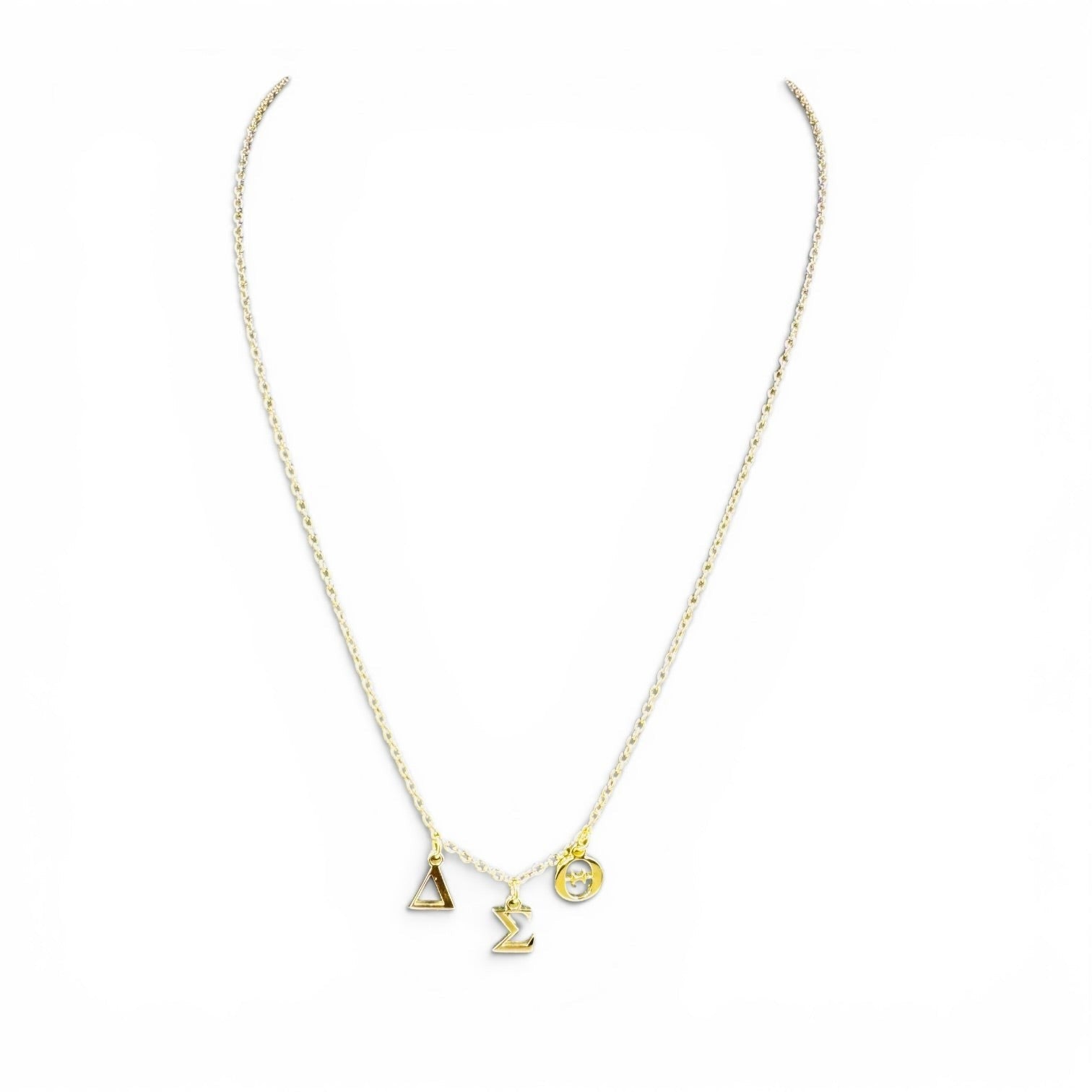 Trendzio Jewelry gold-plated Delta Sigma Theta Greek letter charm necklace in tarnish-free stainless steel.