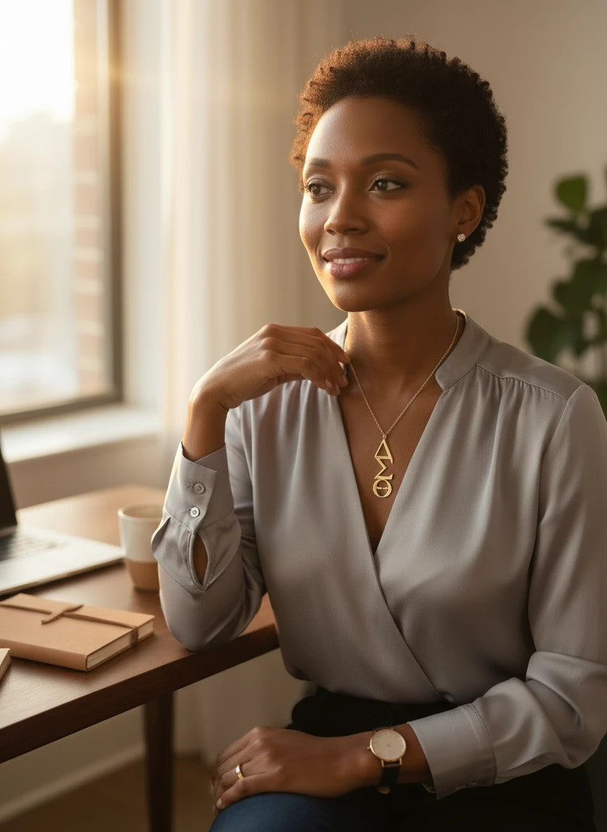 Woman wearing a gold Delta Sigma Theta vertical pendant necklace by Trendzio Jewelry in a sunlit office setting.