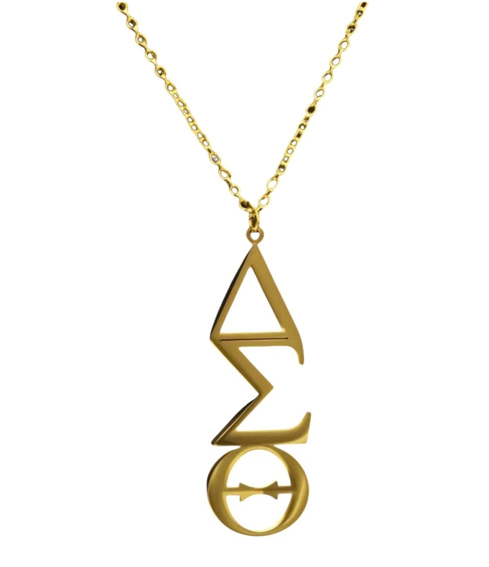 Trendzio Jewelry gold Delta Sigma Theta vertical Greek letter pendant on a 20-inch tarnish-free stainless steel chain