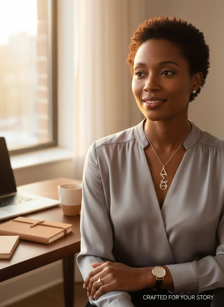 Woman wearing a Trendzio Jewelry Delta Sigma Theta stainless steel vertical pendant necklace in a professional office