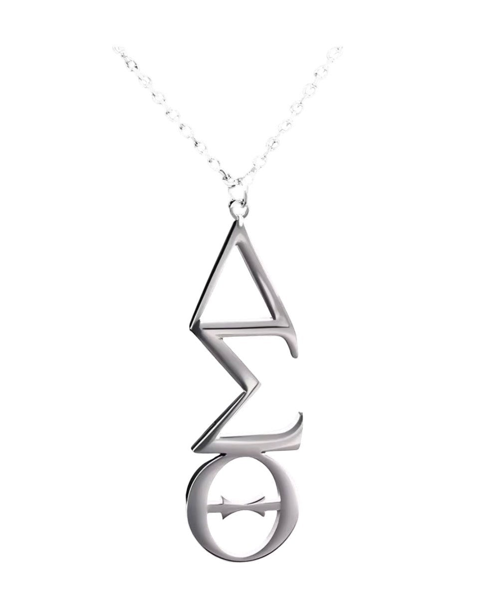 Trendzio Jewelry stainless steel Delta Sigma Theta vertical Greek letter pendant necklace on a 20-inch chain.