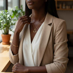 Trendzio Jewelry gold stainless steel triangle pendant necklace on a woman wearing a beige blazer and white top.