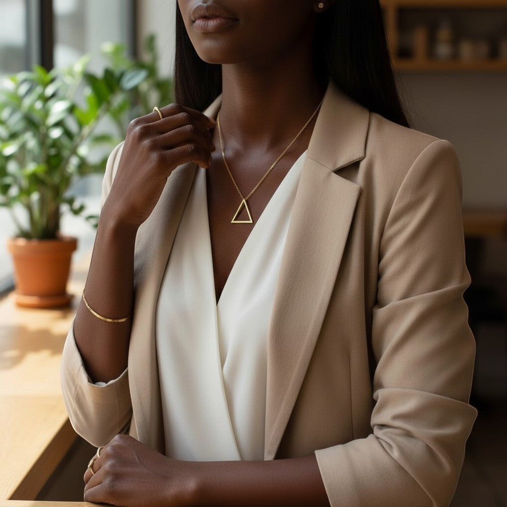 Trendzio Jewelry gold stainless steel triangle pendant necklace on a woman wearing a beige blazer and white top.